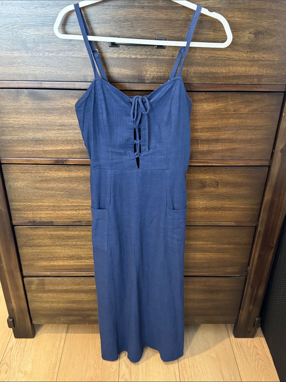 Navy Tie-Front Midi Dress with Front Pockets